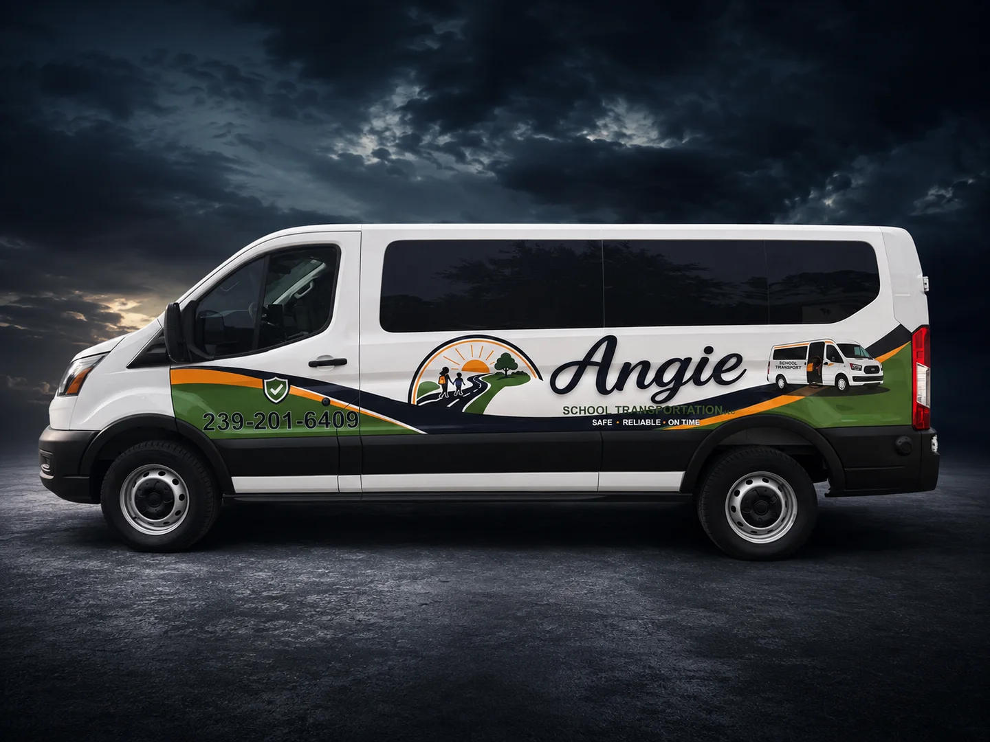 White school transportation van with green and orange graphics on a dark presentation background.